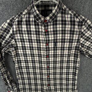 Armani Jeans Small Flannel Black White Plaid Button Up Shirt Men Long Sleeve